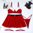 the SANTA'S FAVORITE PET - Women's Christmas Lingerie Set Sexy Red Bra and Skirt Thong Set Garter Erotic Underwear Sets Christmas Sleepwear Nightwear
