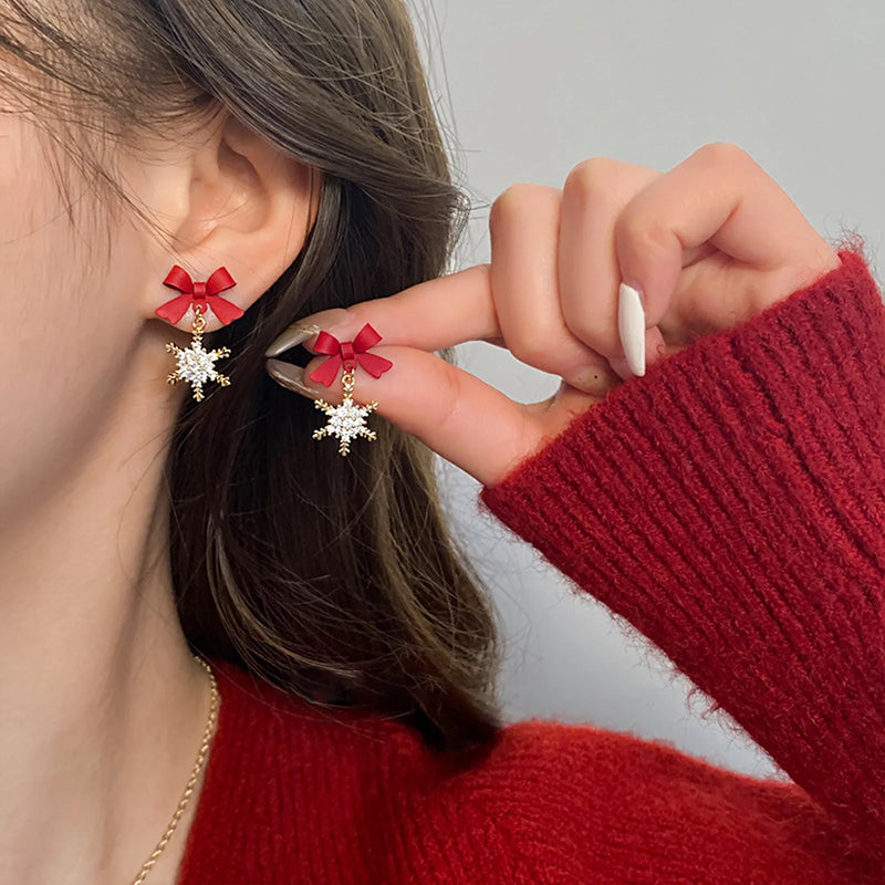 the SNOWFLAKE - Red Bow Knot Snowflakes Drop Earrings for Women Christmas Santa Claus Snowman Earrings Girls Xmas Jewelry Gifts