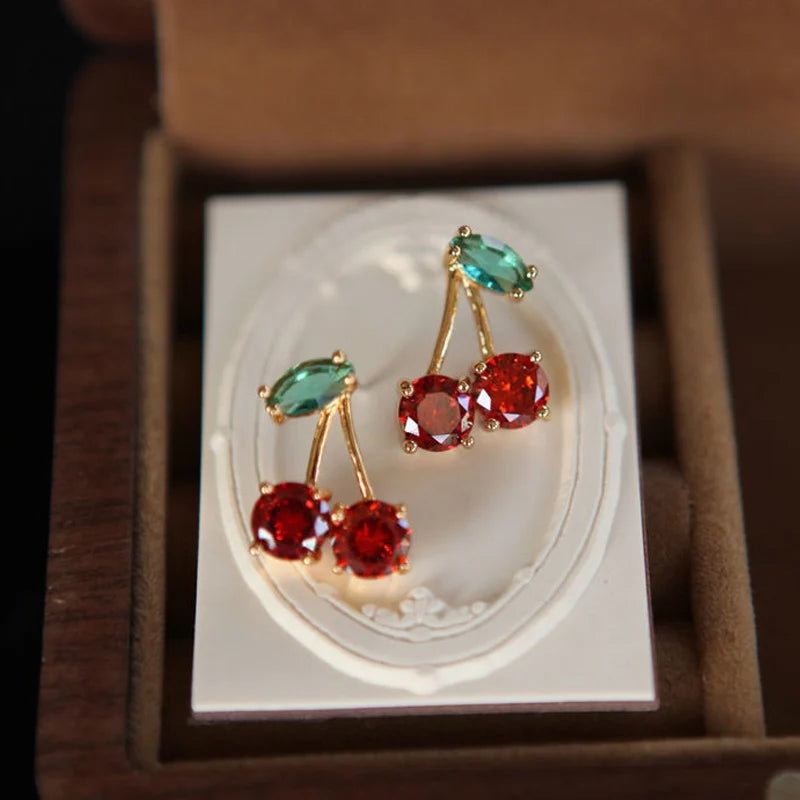 the FRUIT CAKE - Red Zircon Cherry Leaf Stud Earrings Shiny Crystal Fruit Grape Flower Earring Christmas Party Jewelry Gift