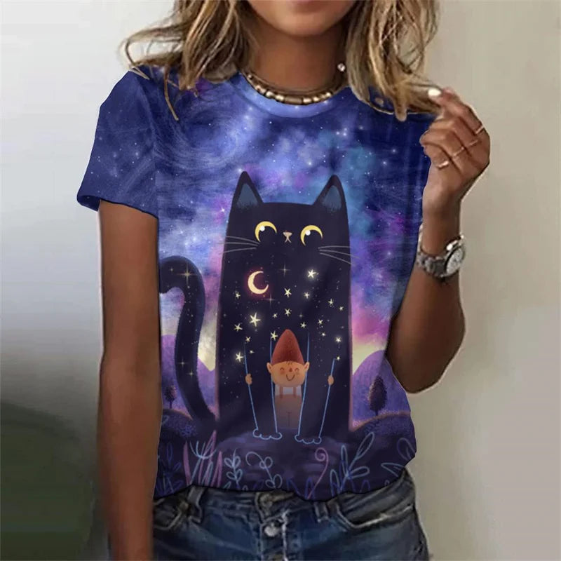 Cartoon Night Cat Pattern T-Shirt For Women Flash Stars Moon 3D Printed Tees Summer Loose T Shirts O-Neck Tops Short Sleeves