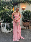 the PINK PRINCESS - Flounce Flower Pink Ladies Dinner Maxi Dress, Elegant Strapless Backless Pleat Sleeveless Sexy Spring New Chic Splicing Gown