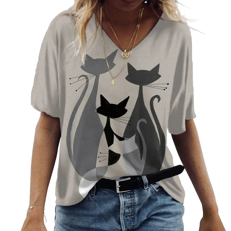 the JAZZ CATS - Cartoon Cat Print Summer Short Sleeve V-Neck Fashion Casual T-Shirts for Women