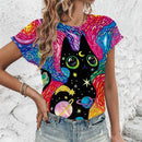 the RAINBOW ART CAT - Comfortable Cat Print Lightweight Women's O-Neck Short Sleeved T-Shirt for Women