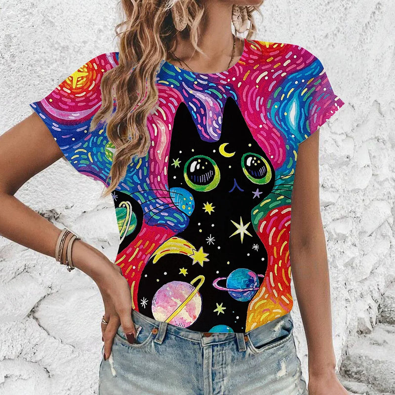 Fashionable And Comfortable Street Quirky Fun Cat Print Plus Size T-shirt For Daily Lightweight Women's O-neck Short Sleeved Top