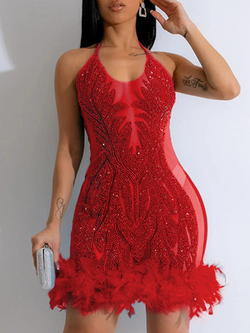 the ROXANNE - Sexy Elegant Slip Sequin See-Through Mesh Midi Evening Dress