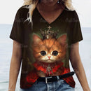 the ROYAL CAT - 3D Cat Print Casual Short Sleeve V-Neck Oversized T-Shirts for Women