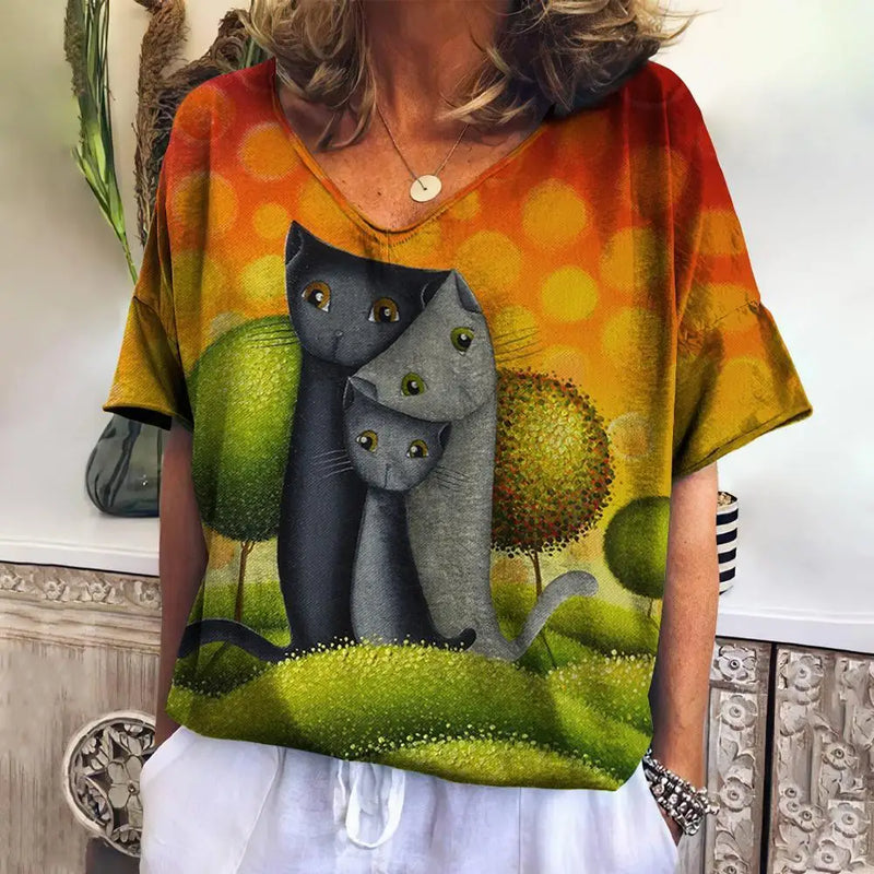 the DECO ART CAT - Cat Print Loose Leisure Summer Short Sleeve V-Neck T-Shirts for Women