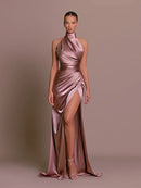 the NAOMI - Elegant Evening Party Dress Sexy Sleeveless Long Halter Backless High Split Bodycon Maxi Dress