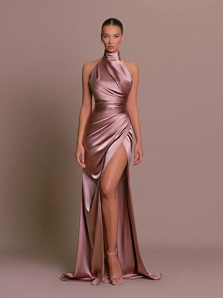 the NAOMI - Elegant Evening Party Dress Sexy Sleeveless Long Halter Backless High Split Bodycon Maxi Dress