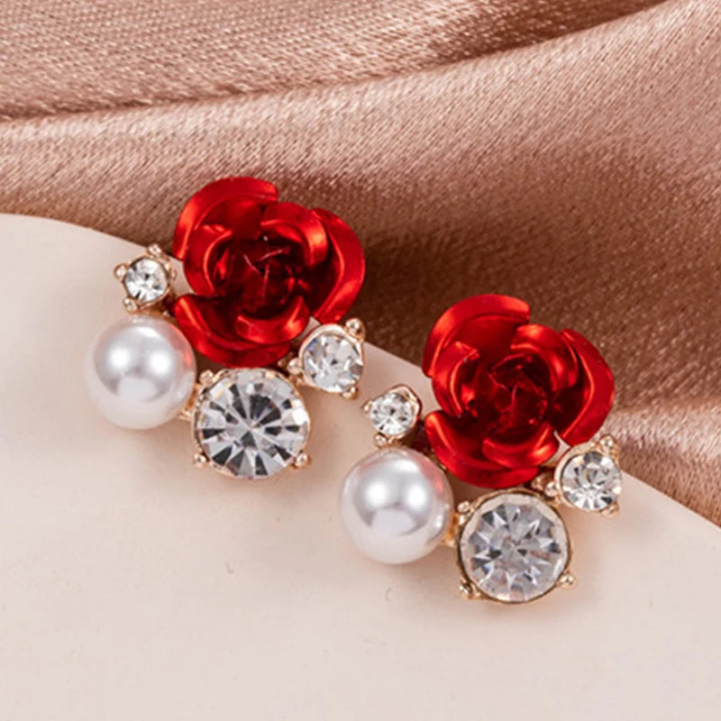 the FLOWER GIRL - Red Rose Zircon Stud Earrings Luxury Crystal Flower Snowman Pearl Christmas Earrings Bride Wedding Jewelry Gift