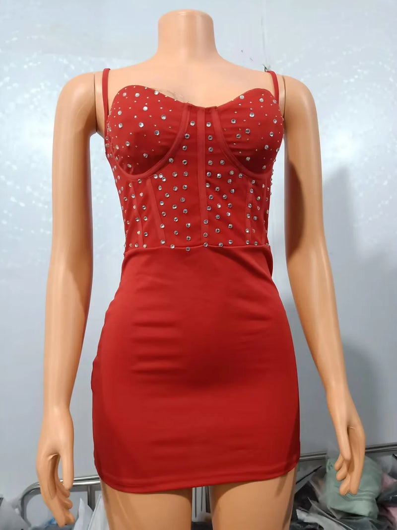 the JACKIE - Sexy Glamorous Party Rhinestone Sheer Mesh Spaghetti Strap V-Neck Bodycon Mini Cami Dress