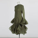 the COURTSY - Solid Spliced Button Slimming Dresses for Women, O-Neck Long Sleeve High Waist Patchwork Ruffles Dress