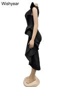 the SUNDAY BEST - Sexy Flare Short Sleeve High Side Split Ruffles Bodycon Midi Dress, Elegant Women Autumn Evening Wedding Party/Birthday Dress