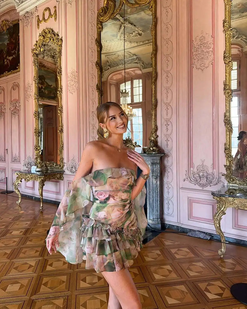 the ELEGANT ROSE - Chiffon Ruffle Dress for Women, Fashion Print Mini A-Line Holiday Party Dresses, Summer Sexy Backless Strapless Dress