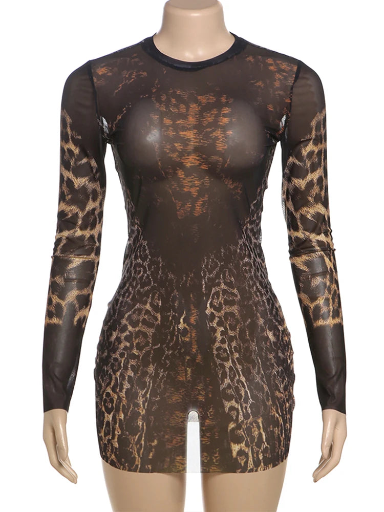 the TABITHA - Sexy See-Through Leopard Print Full Sleeve Stretch Mini Bodycon Dress