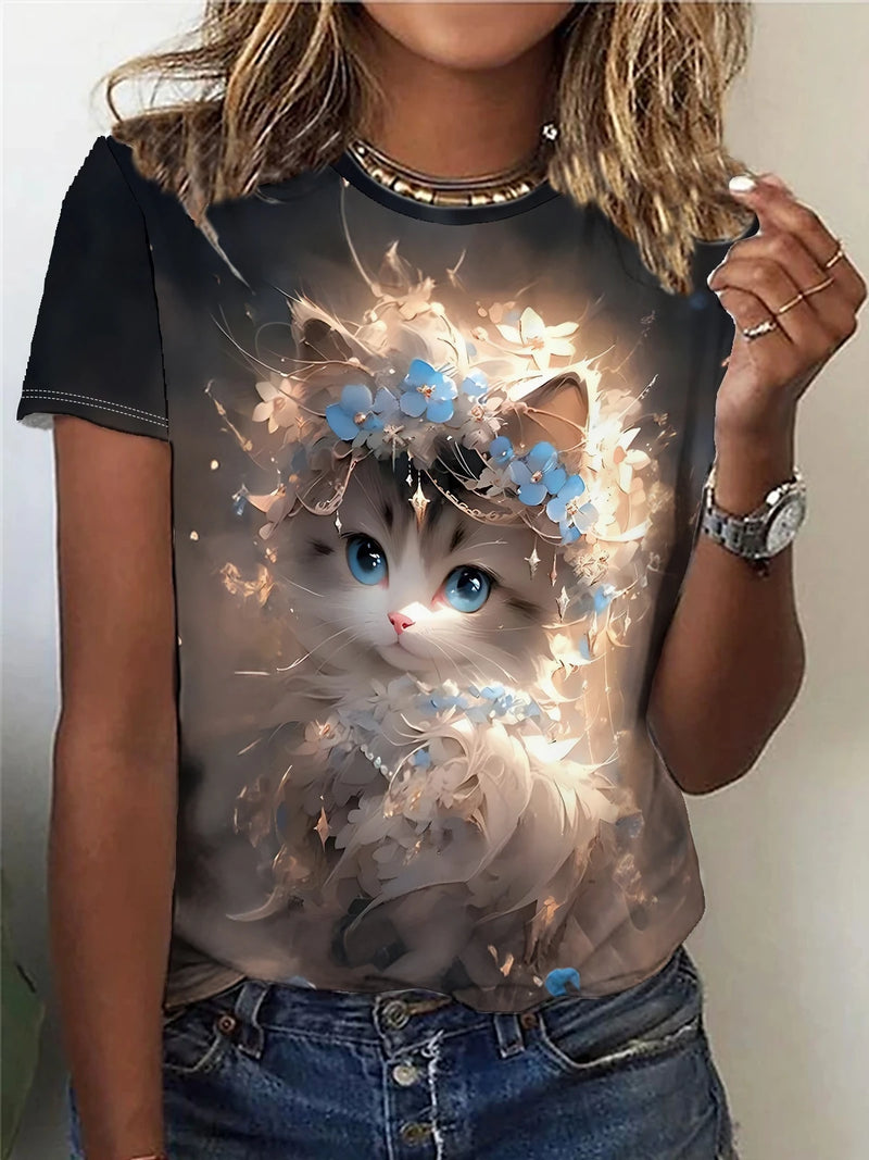 Fashion Summer Cartoon Animal Cat 3D Print T-shirts Women Streetwear Casual Y2k Short Sleeve T Shirt O-neck Tees Tops Clothing