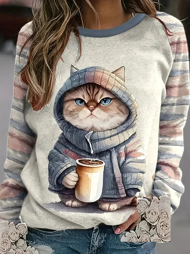 the CAT CLUB - 3D Cat Print Casual Loose Long Sleeve Round Neck Fashion Top for Women