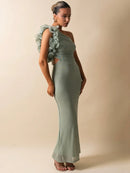 the CASCADE - Shoulder Floral Mesh Ruched Sexy Maxi Dress for Women, Gown Oblique Shoulder Sleeveless Backless Bodycon Long Dress