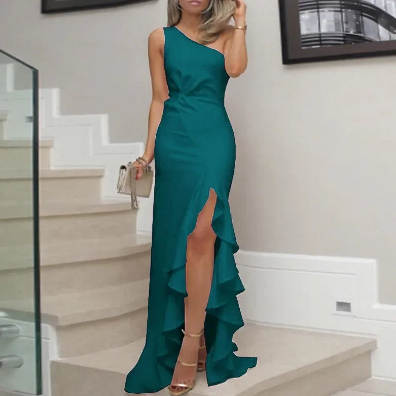 the SANDRA - Sexy Sleeveless One Shoulder Gala Evening Floor Length Dress Prom Gown Elegant Ruffle Party Dress