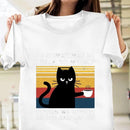 the PSYCHO CAT - Black Cat Drinking Coffee Pattern Printed Creative Cat Short-Sleeved T-Shirt