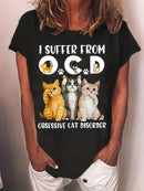 the O.C.D. - Cat Print Crew Neck Casual Short Sleeve T-Shirt for Women