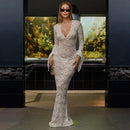 the LACE LUNCH DATE - Lace Transparent Sexy Hollow Out Maxi Dress, Elegant Outfits Women Flare Sleeve V-Neck Party/Club Dresses