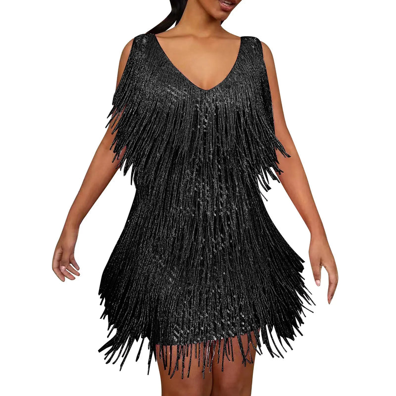 the TINA - Sexy Tassel Sequins Feather Mini Dress Spaghetti Strap Dresses Elegant Evening Party Club Dress