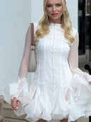 the EVENING ORCHID - Fashion Ruffles Edge Single Breasted Women's Dress, Fashion Long Lantern Sleeve High Waist Mini Dresses