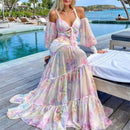 the PINK PALISADE - Sexy Sweet Print Full Sleeve Off Shoulder Chiffon High Waist Women A-Line Maxi Dress