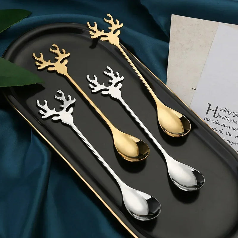 the SPOONFUL - 4pcs Christmas Elk Head Shape Stainless Coffee Spoon New Year Christmas Decoration Table Decor for Home Navidad Gifts