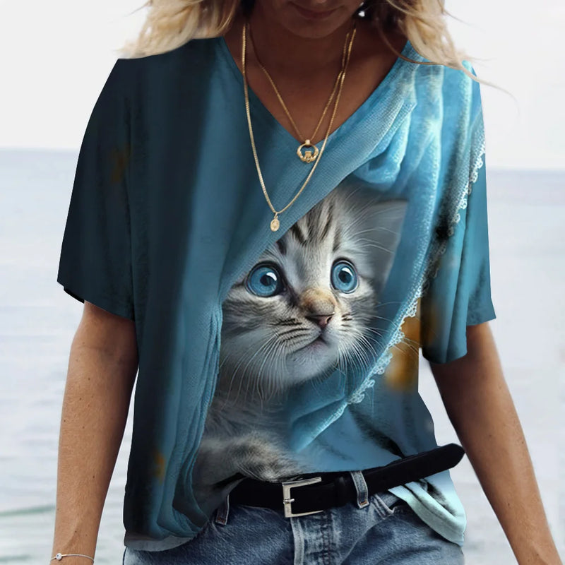 the HUNGRY CAT - Cat Print 3D Cat Print Short Sleeve V-Neck Casual T-Shirts for Women