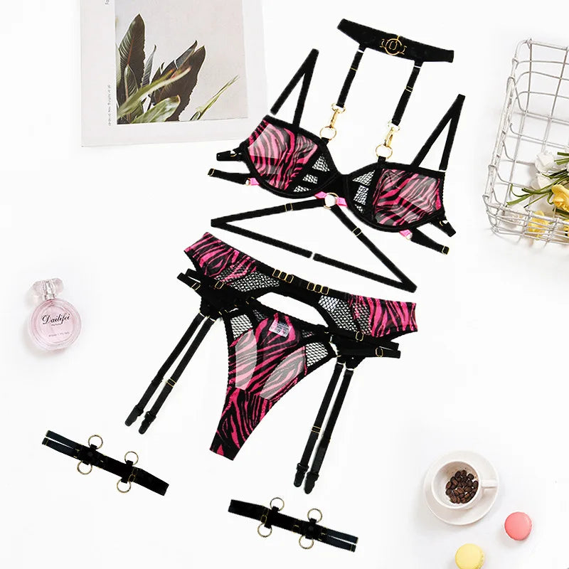 the PINK ZEBRA - Bra Set Zebra Stripe Sequin Strap for Tight Binding Lingerie Ultra Sexy Set Women's Sexy Bra Thong