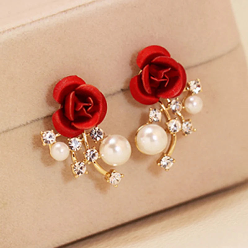 the FLOWER GIRL - Red Rose Zircon Stud Earrings Luxury Crystal Flower Snowman Pearl Christmas Earrings Bride Wedding Jewelry Gift