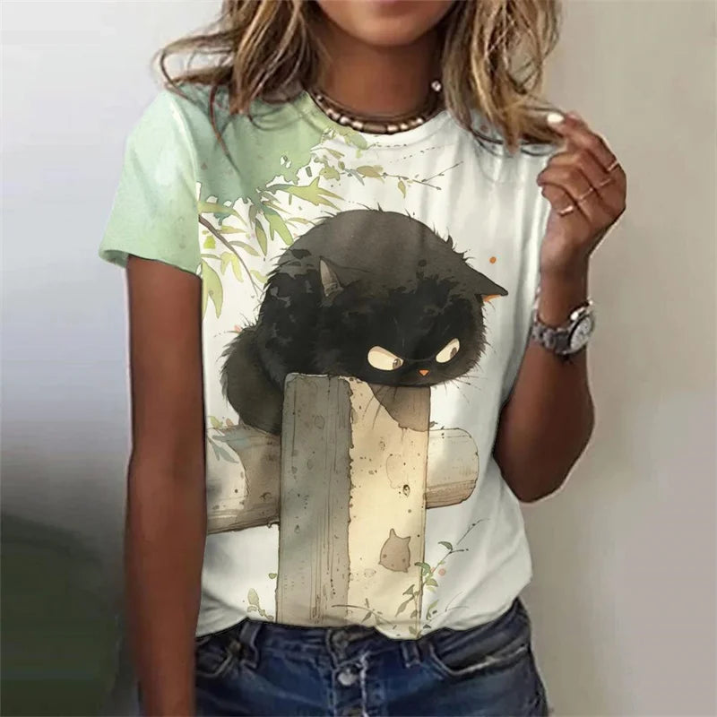 the MAD CAT - 3D Printed Cute Cat Round Neck Short Sleeve Loose T-Shirt for Women