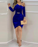 the BETHANY - Elegant Diagonal Collar Slim Sexy Off Shoulder Velvet Long Sleeve Party Dress
