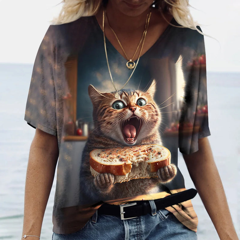 the HUNGRY CAT - Cat Print 3D Cat Print Short Sleeve V-Neck Casual T-Shirts for Women