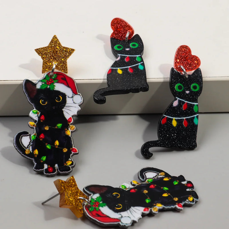 the BLACK CAT COLLECTION - Christmas Hat Black Cat Acrylic Earrings Pendant Cute Xmas Colored Lights Cats Drop Earring New Year Jewelry Gifts