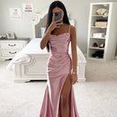 the SABRINA - Sexy Slim Fit Wrap Hip Pleated Split Satin Dress