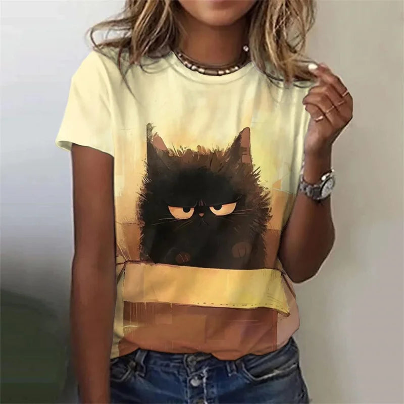 the MAD CAT - 3D Printed Cute Cat Round Neck Short Sleeve Loose T-Shirt for Women