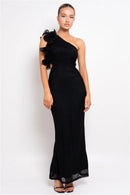 the CASCADE - Shoulder Floral Mesh Ruched Sexy Maxi Dress for Women, Gown Oblique Shoulder Sleeveless Backless Bodycon Long Dress