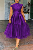 the STEPFORD WIFE - Plus Size Elegant A-Line Tulle Midi Dress for Women, Off the Shoulder Party Club Wedding Guest Prom Mid-Waist Dresses
