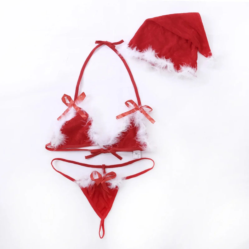 the MRS. CLAUS - Sexy Underwear Women Christmas Uniforms Bra Set Gold Velvet Ladies Three-point Bikini Lingerie Not Transparent Bow Decoration