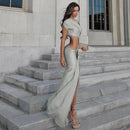 the SATIN SAND - Women Ruched Diagonal Collar Shorts Sleeve Waistless Slits Street Trend Elegant Long Bodycon Dress