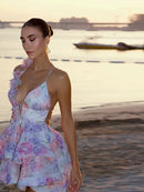 the BALLERINA - Flower Print Fluffy, Women's Lace Up Slimming Strap Party Gown Pleated Skirt Hemline Halter Beach Suspender Dresses