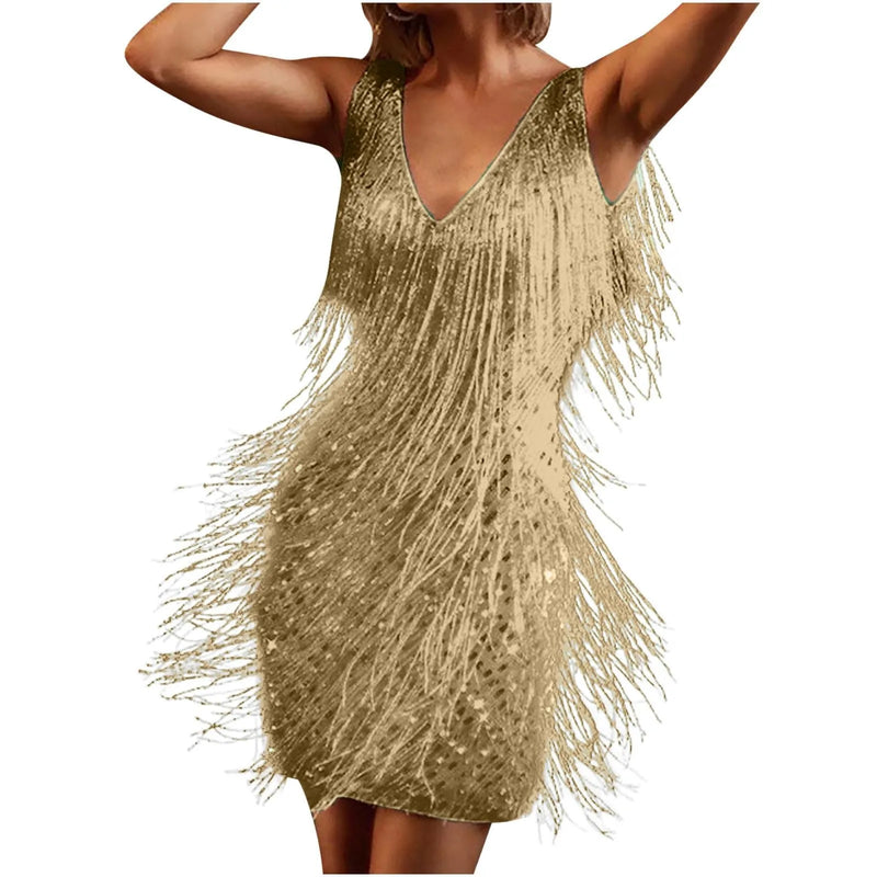 the TINA - Sexy Tassel Sequins Feather Mini Dress Spaghetti Strap Dresses Elegant Evening Party Club Dress