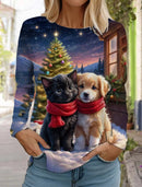 the CHRISTMAS CATS - Fashion Christmas Long Sleeved Casual Christmas Cute Cat & Dog Holiday T-Shirts for Women