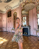 the ELEGANT ROSE - Chiffon Ruffle Dress for Women, Fashion Print Mini A-Line Holiday Party Dresses, Summer Sexy Backless Strapless Dress