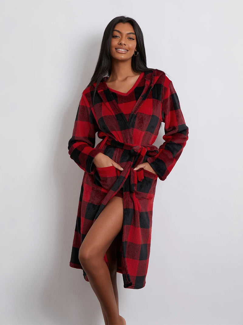 the PLAID PAJAMAS - Fall Winter Plaids 3 Piece Pajamas Sets Warm Loungewear Sleeveless Straps Crop Tank Tops+Shorts+Long Sleeve Robe