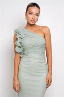 the CASCADE - Shoulder Floral Mesh Ruched Sexy Maxi Dress for Women, Gown Oblique Shoulder Sleeveless Backless Bodycon Long Dress