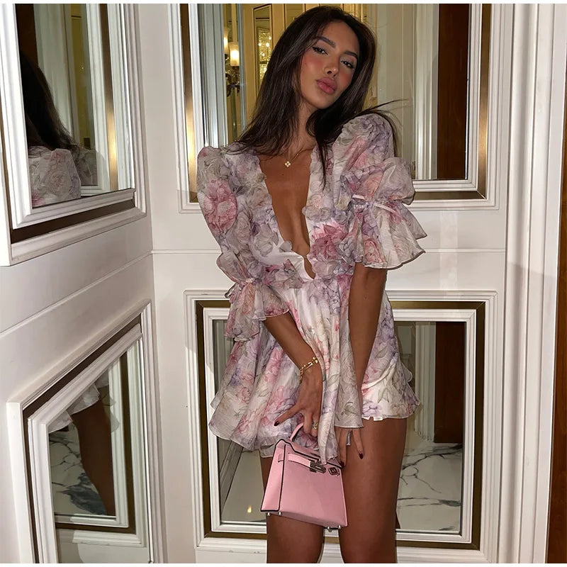 the SIXTEEN CANDLES - Sexy Flare Sleeve V-Neck Printed Mini Dress, Fashion Pleated A-line High Waist Gown New Lady Summer Evening Party/Club Dress
